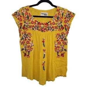Savanna Jane Top Womens Small Yellow Blossoms Floral Embroidered Flutter Sleeve